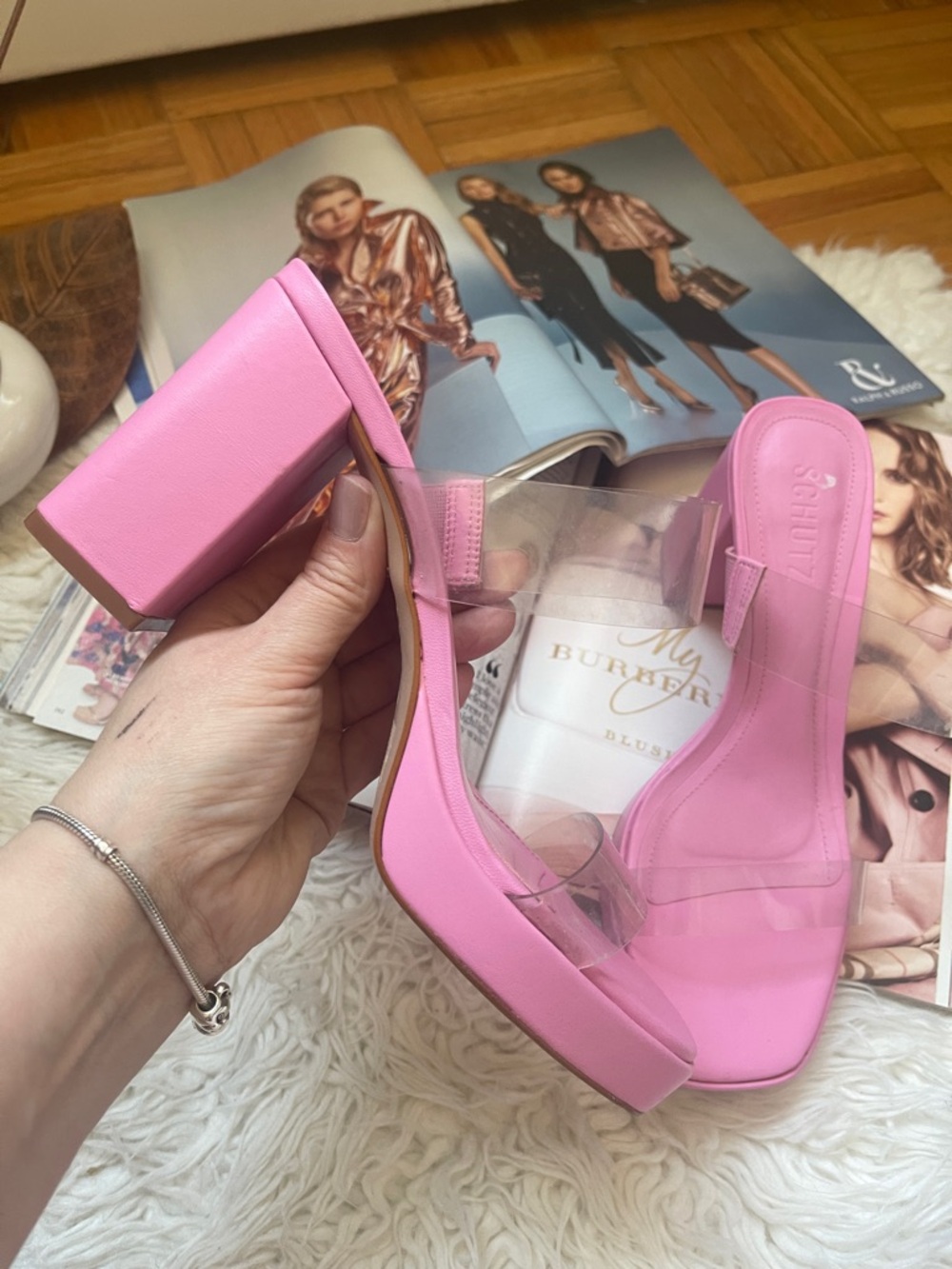 SCHUTZ Bubblegum Pink Clear-Strap Block Heel Slides - Picture 7 of 11